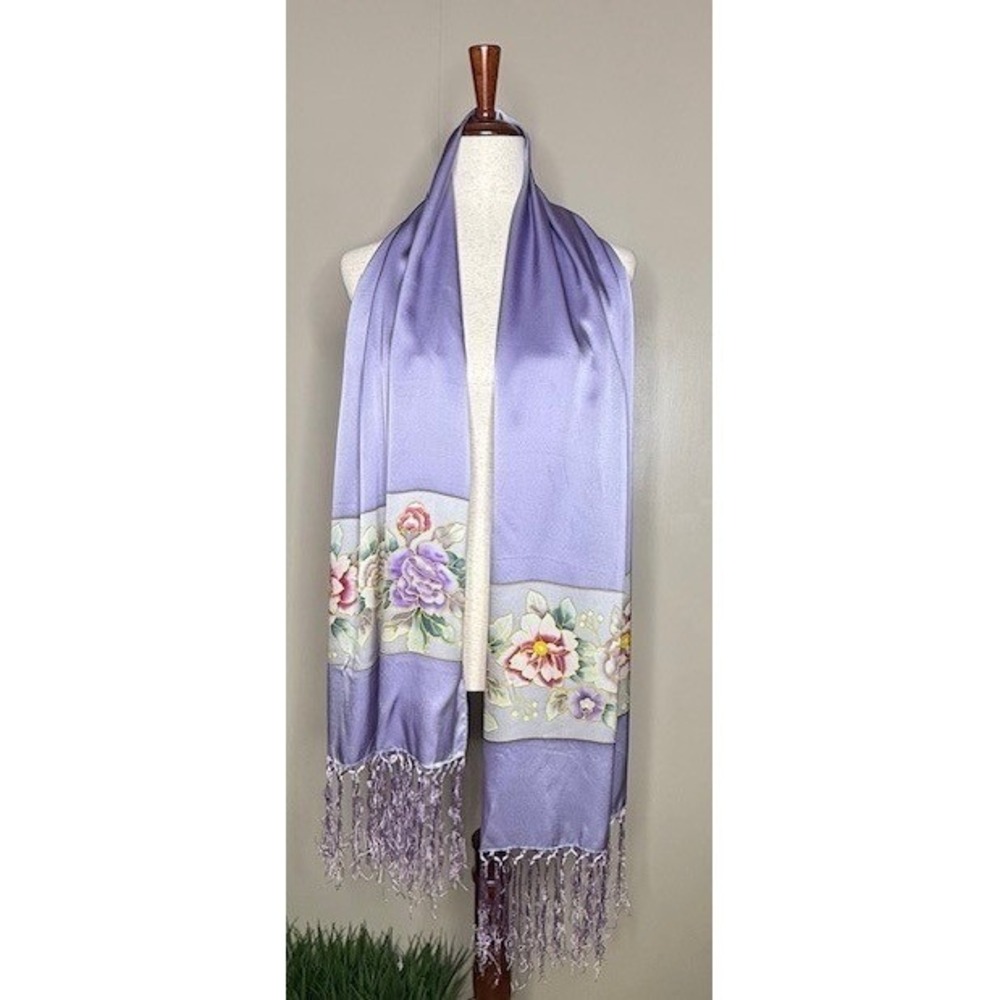 100% Mulberry Silk‎ Scarf Lavender Floral Peony Hand Painted Fringe Wrap NWT